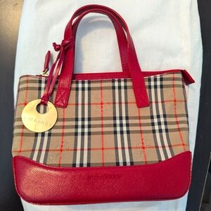 Burberry Beige and Red Haymarket Check Pattern Top Handle Purse